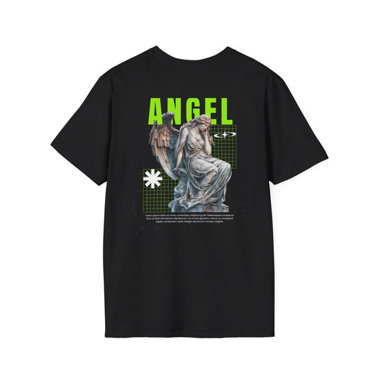 Angel Statue Graphic T‑Shirt — "Like a Shooting Star" Minimal Front, Neon Back