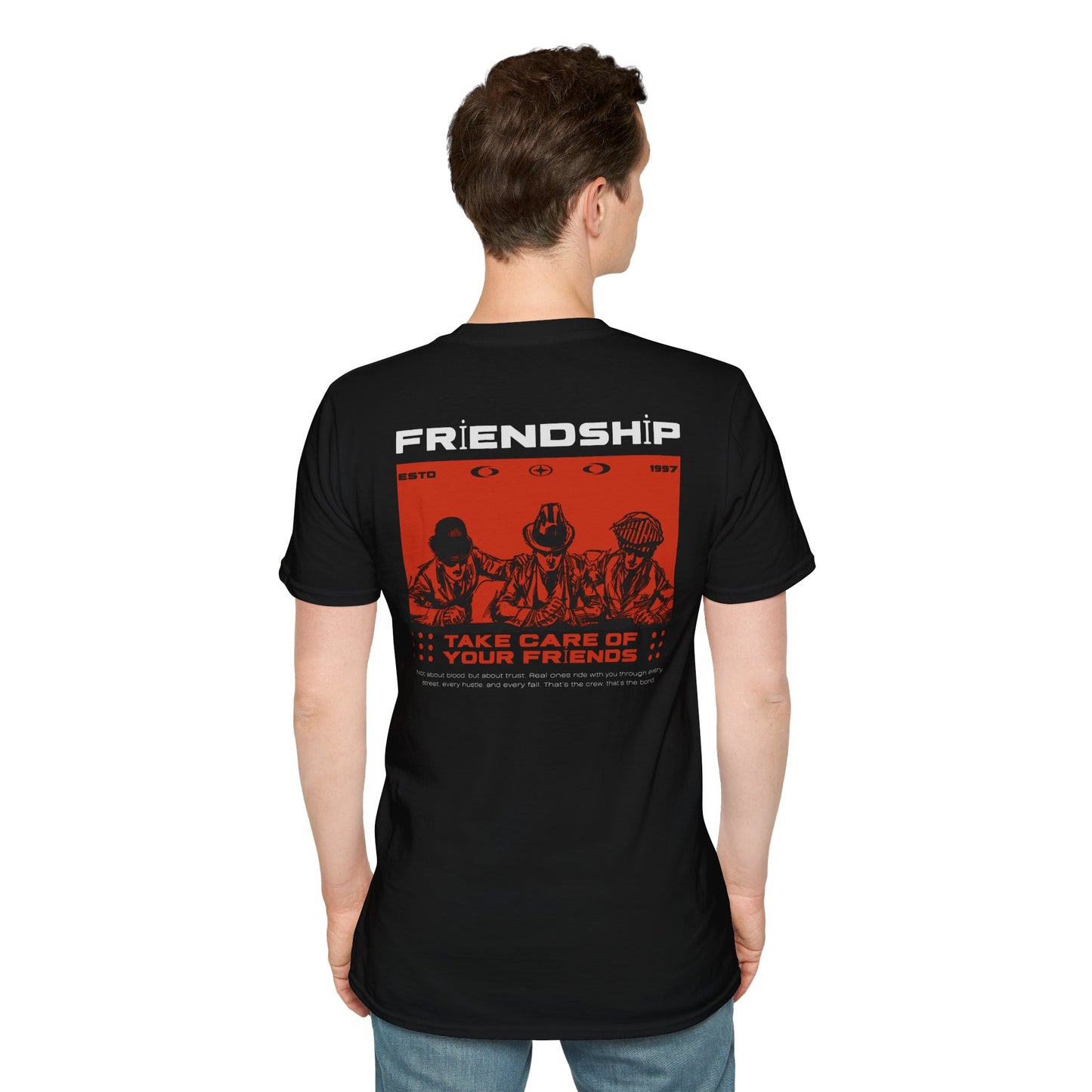 Friendship Care Graphic T-Shirt — “Take Care of Your Friends” Retro Crew Tee